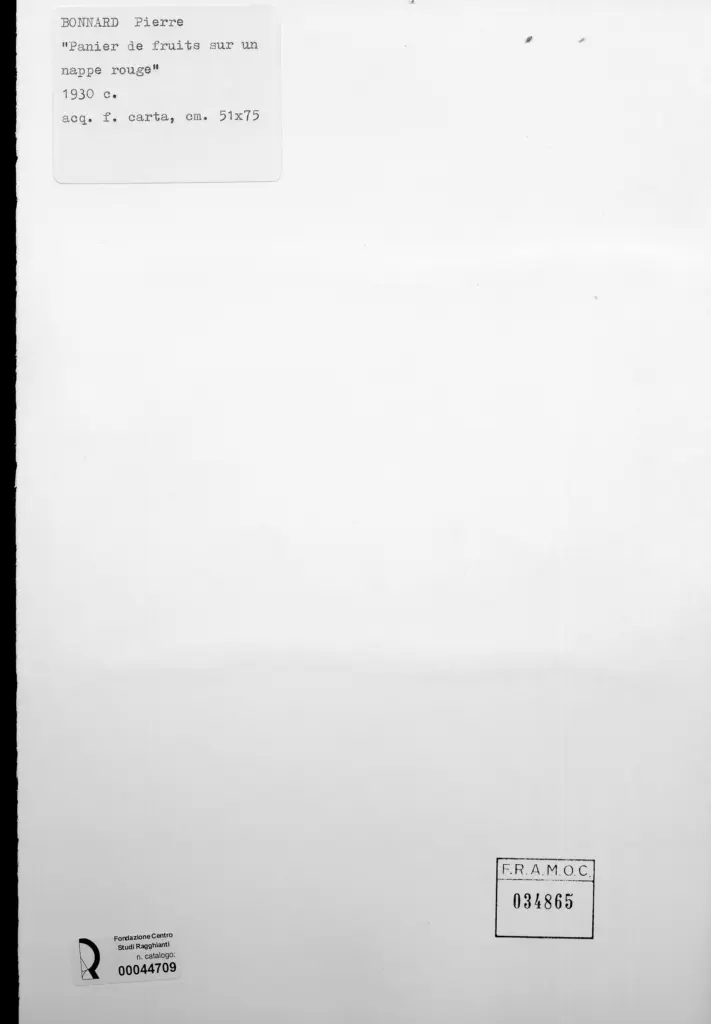 Anonimo , Bonnard, Pierre - sec. XX - Paniere di frutta su tovaglia rossa , retro