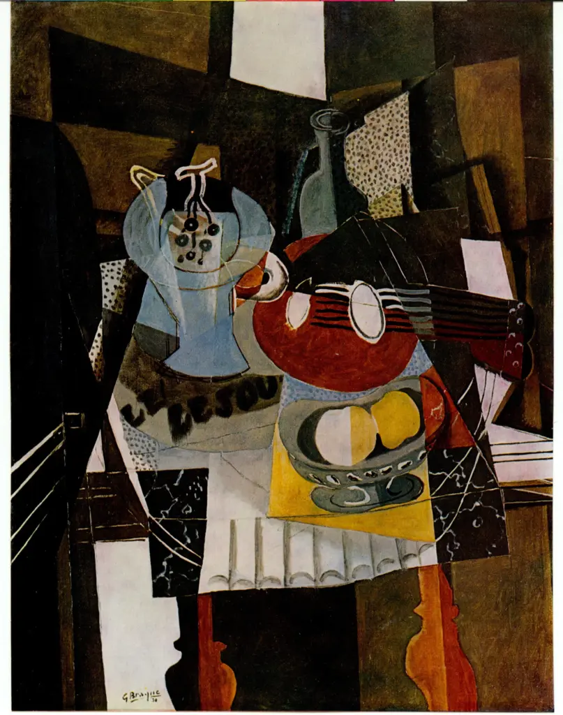 Anonimo , Braque, George - sec. XX - Natura morta con fruttiera, bottiglia e mandolino , fronte