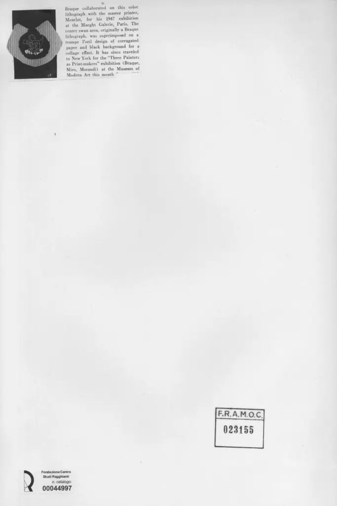 Anonimo , Braque, Georges; Mourlot - sec. XX - Composizione con cartone ondulato e cigno , retro