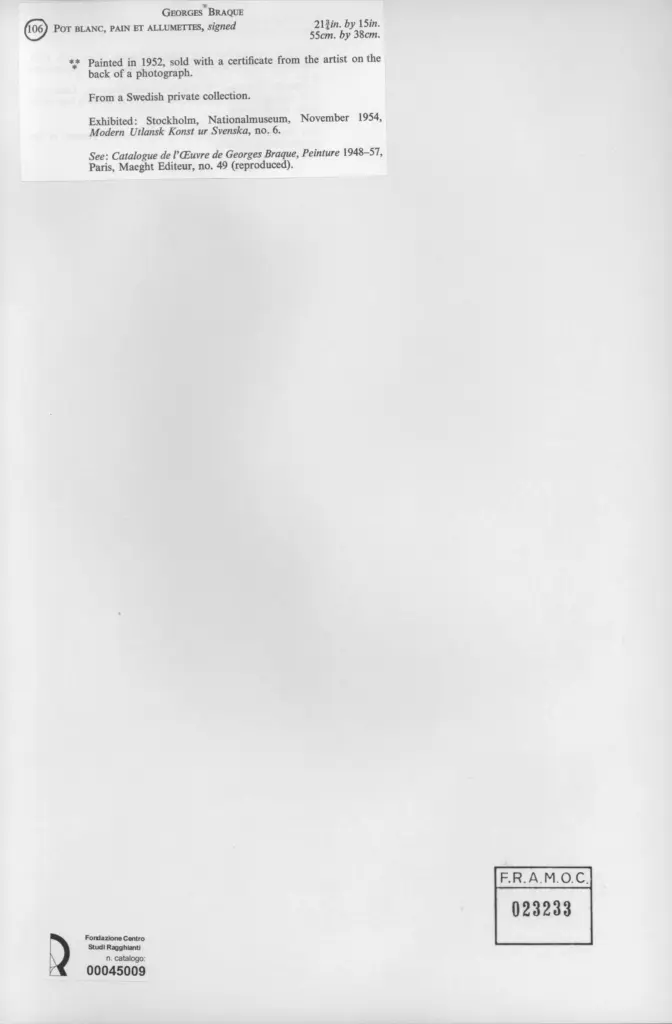 Anonimo , Braque, Georges - sec. XX - Pot blanc, pain et allumettes , retro