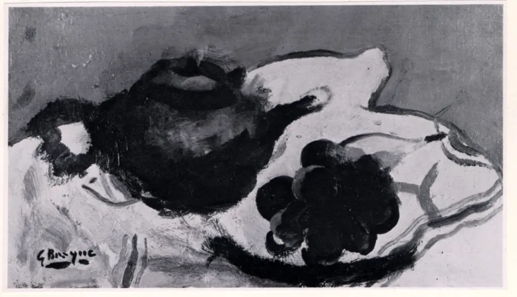 Anonimo , Braque, Georges - sec. XX - La th&eacute;i&egrave;re mauve sur la nappe ray&eacute;e , fronte
