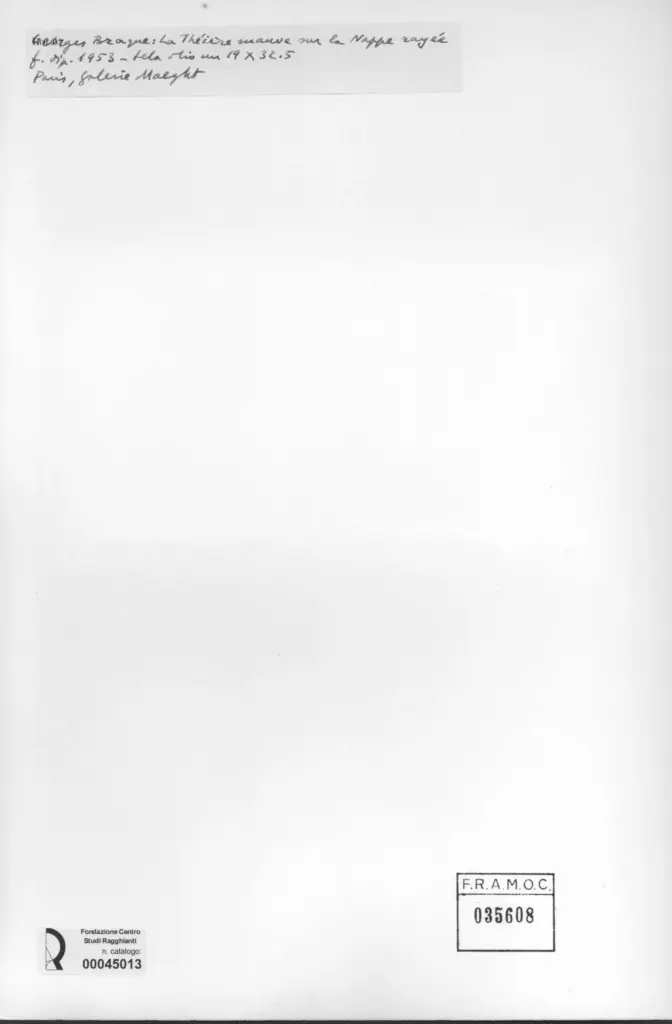 Anonimo , Braque, Georges - sec. XX - La th&eacute;i&egrave;re mauve sur la nappe ray&eacute;e , retro