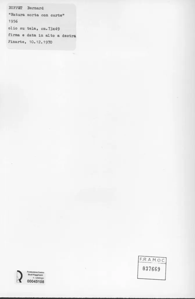 Anonimo , Buffet, bernard - sec. XX - Natura morta con carte , retro