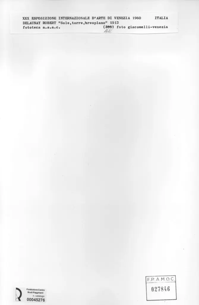 Giacomelli , De Launay, Robert - sec. XX - Sole, torre, areoplano , retro