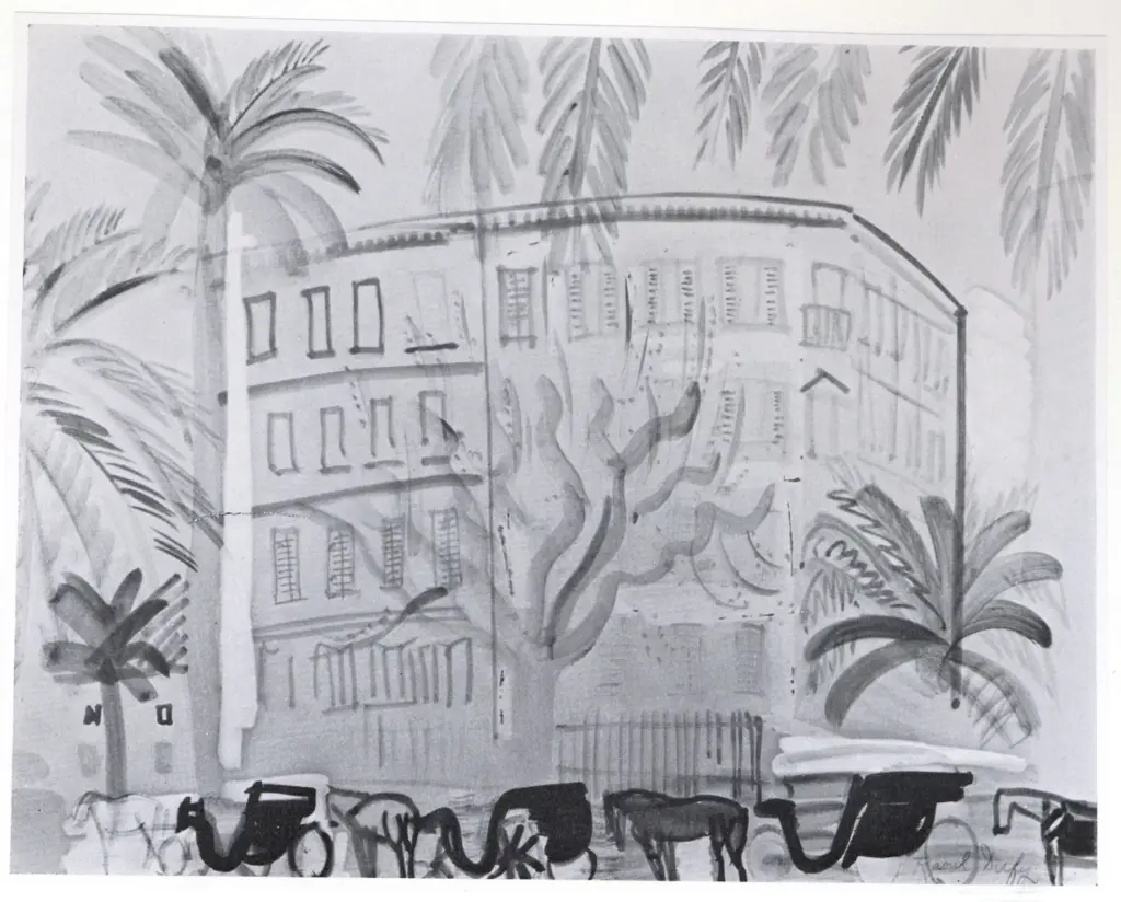 Anonimo , Dufy, Raoul - sec. XX - Carrozze davanti a un Hotel a Cannes , fronte