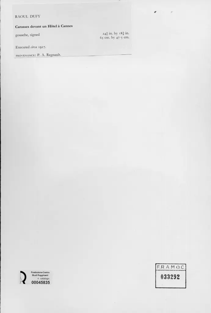 Anonimo , Dufy, Raoul - sec. XX - Carrozze davanti a un Hotel a Cannes , retro