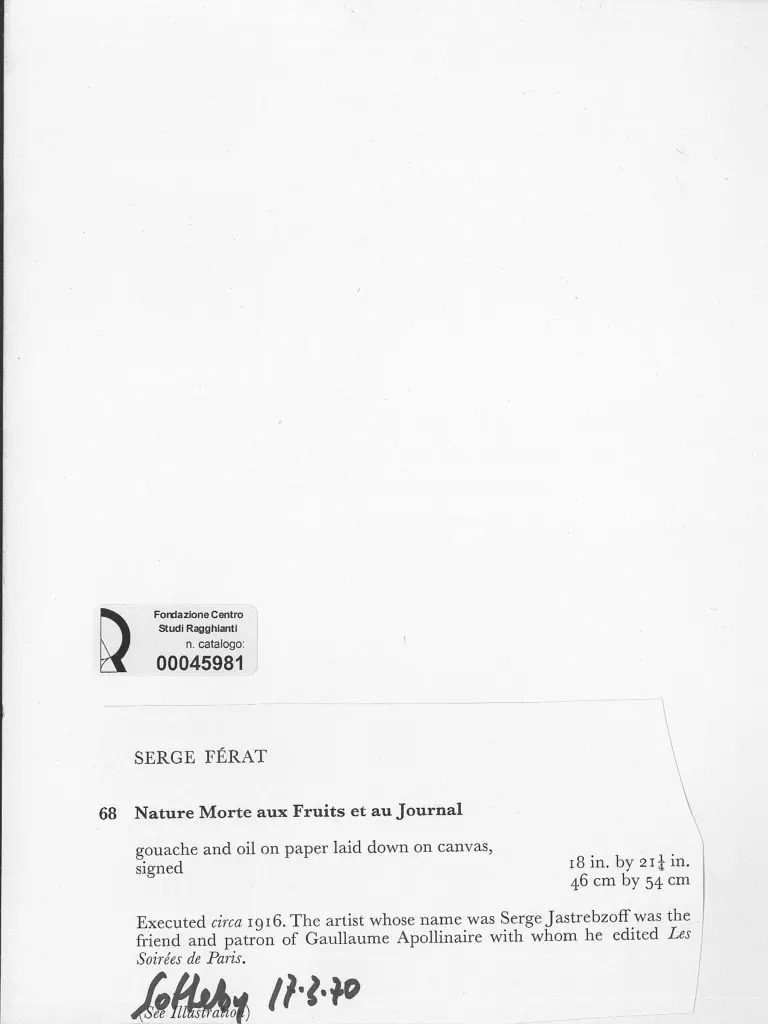 Anonimo , F&eacute;rat, Serge - sec. XX - Nature morte aux Fruits et au Journal , retro