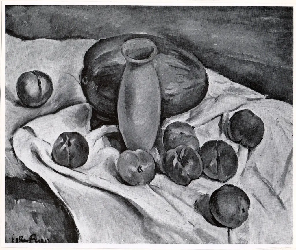 Anonimo , Friez, Emile - Othon - sec. XX - Nature Morte: Past&egrave;que, Huit Pesches et un Vase