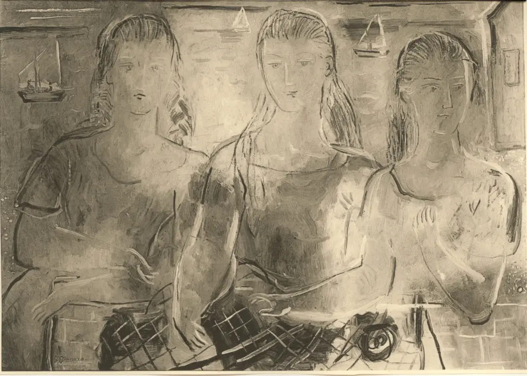 Gounaro, Georges , Tre giovani ragazze, di fronte al mare. -