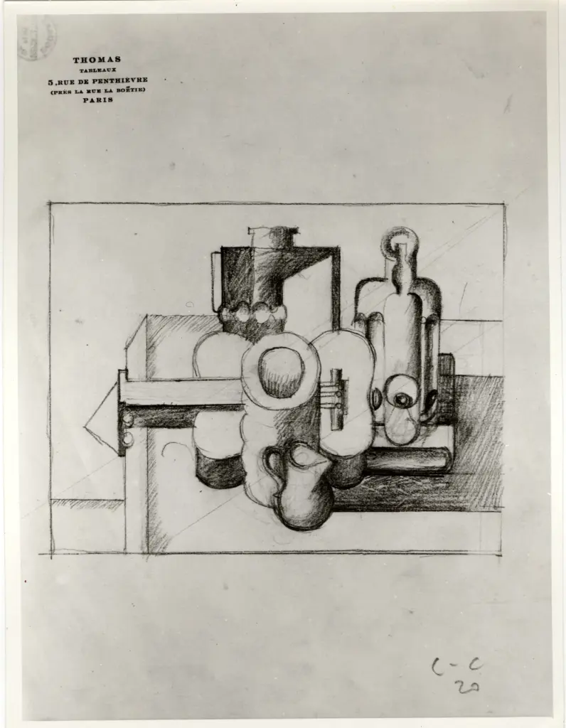 Anonimo , Janneret, Charles-Edouard - sec. XX - Natura morta con bottiglia, chitarra e lanterna , fronte