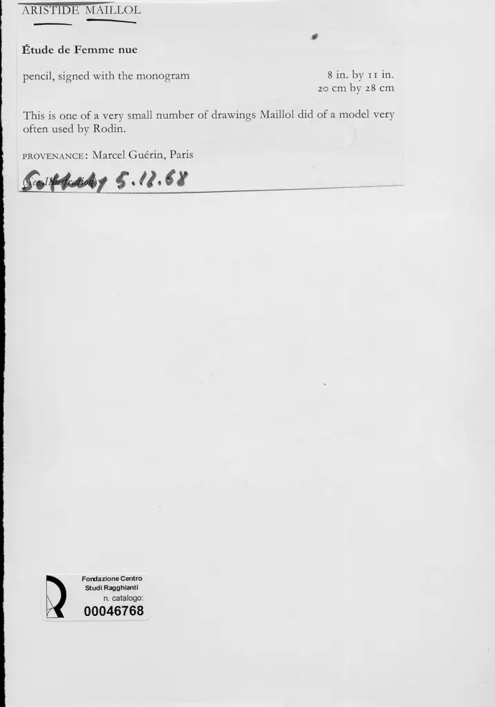 Anonimo , Maillol, Aristide - sec. XX - Studio di donna nuda , retro