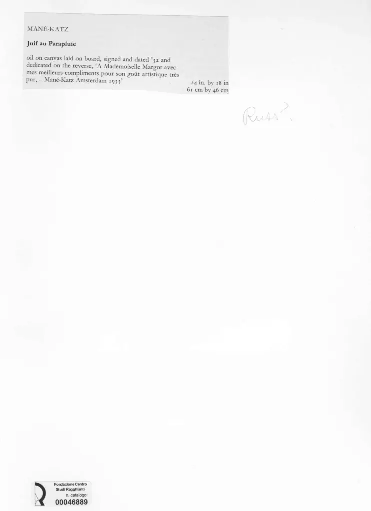 Anonimo , Mané Katz - sec. XX - Ebreo con ombrello , retro