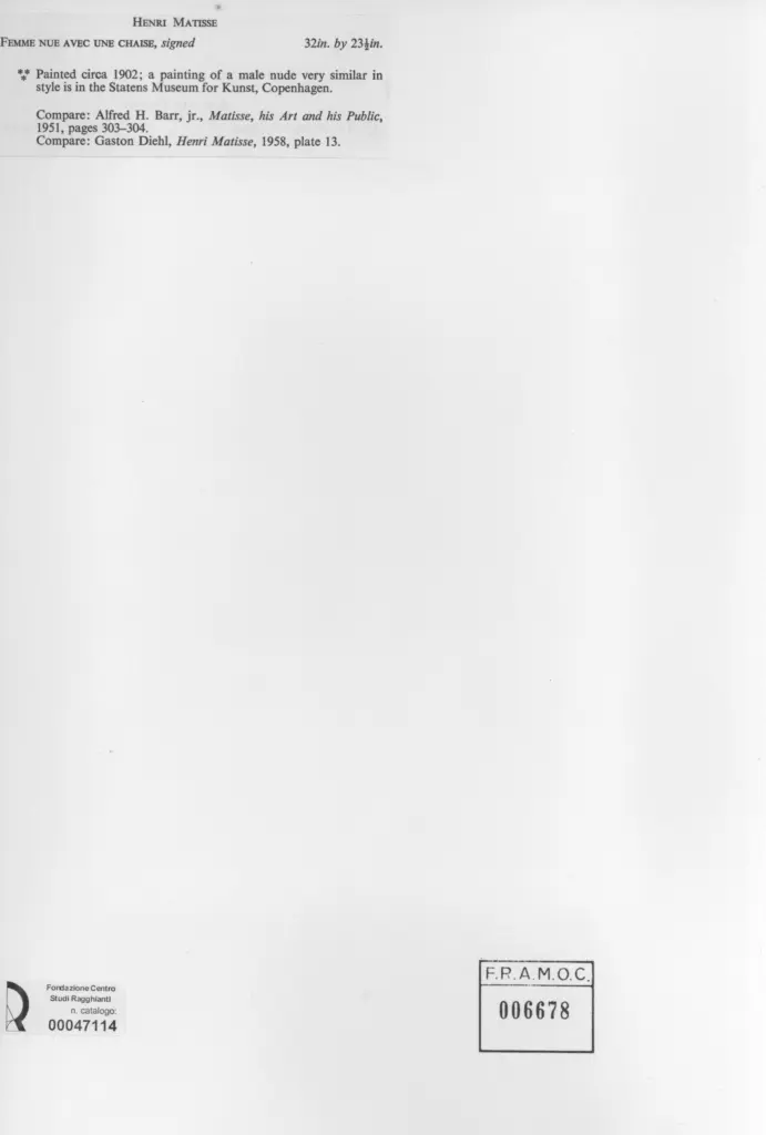Anonimo , Matisse, Henri - sec. XX - Donna nuda con una sedia , retro