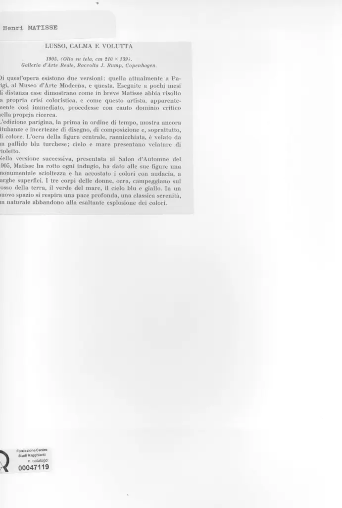 Anonimo , Matisse, Henri - sec. XX - Lusso, calma e volutt&agrave; , retro