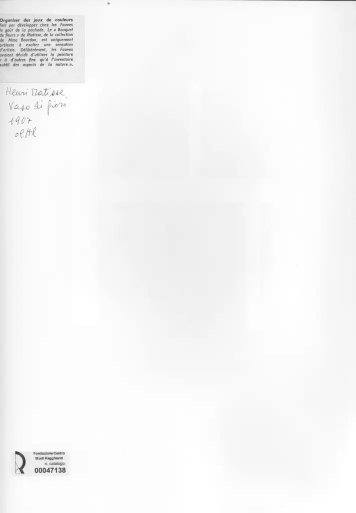 Anonimo , Matisse, Henri - sec. XX - Vaso di fiori , retro