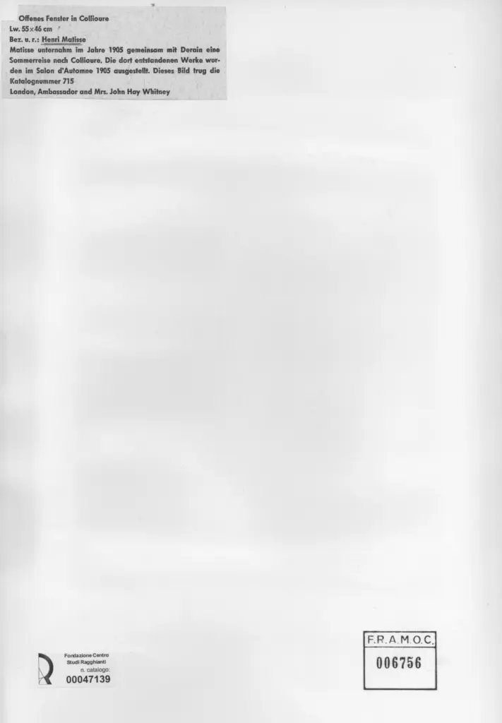 Anonimo , Matisse, Henri - sec. XX - Offenes fenster in Collioure , retro