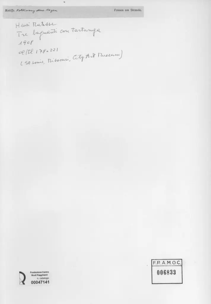 Anonimo , Matisse, Henri - sec. XX - Tre bagnanti con tartaruga , retro