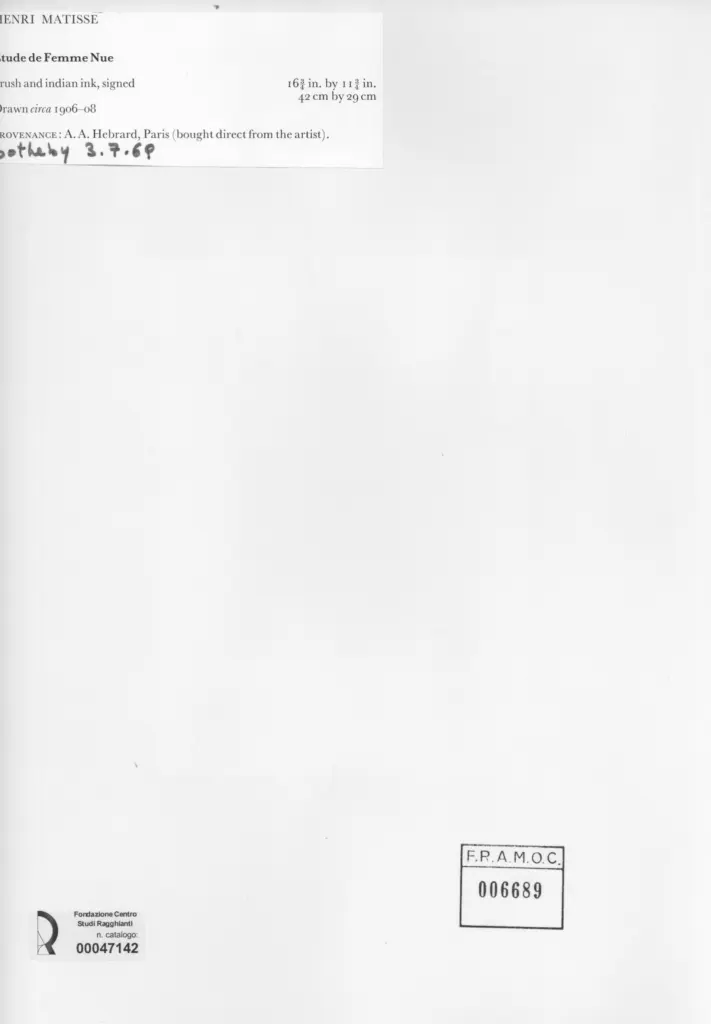 Anonimo , Matisse, Henri - sec. XX - Studio di nudo femminile , retro