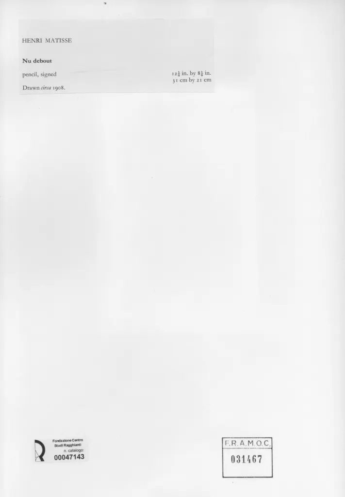 Anonimo , Matisse, Henri - sec. XX - Nudo in piedi , retro