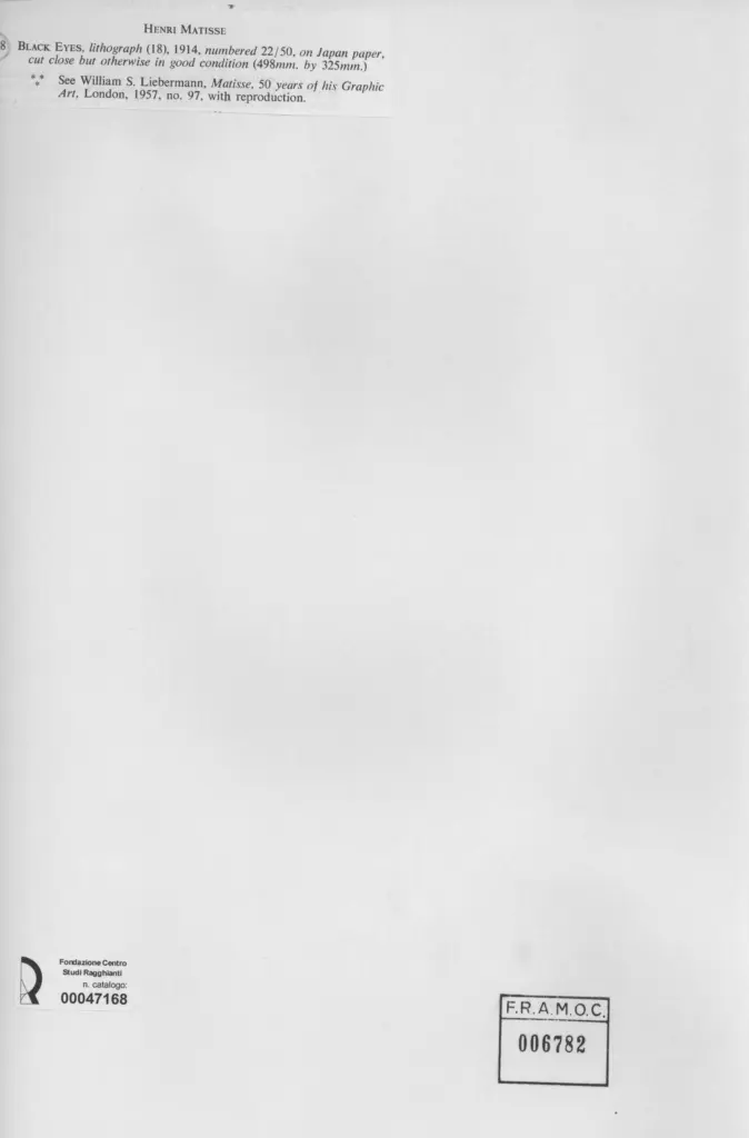 Anonimo , Matisse, Henri - sec. XX - Occhi neri , retro