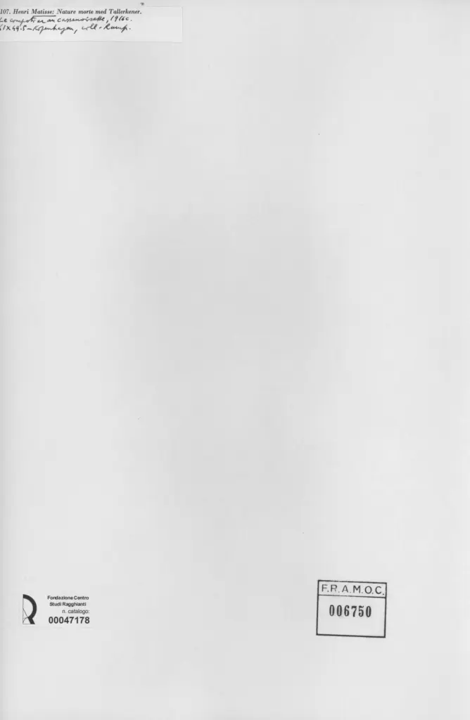 Anonimo , Matisse, Henri - sec. XX - Nature morte med Tallerkenr , retro