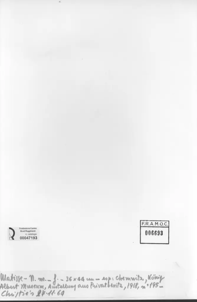 Anonimo , Matisse, Henri - sec. XX - Natura morta , retro