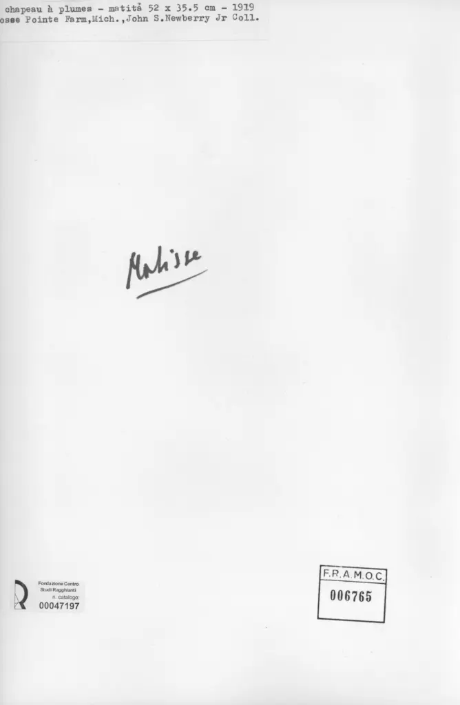 Anonimo , Matisse, Henri - sec. XX - Il Cappello con le piume , retro