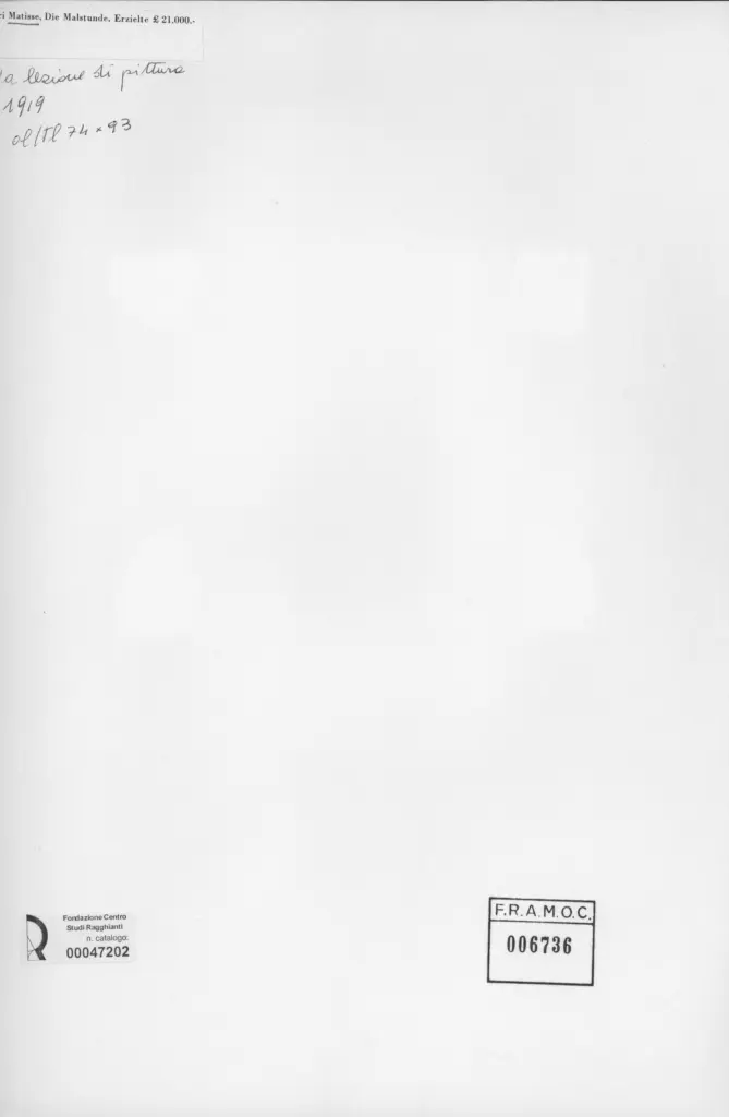 Anonimo , Matisse, Henri - sec. XX - La lezione di pittura , retro