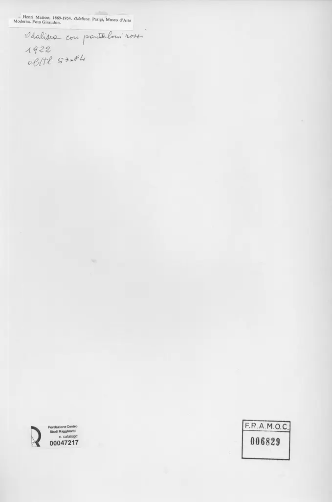 Giraudon , Matisse, Henri - sec. XX - Odalisca con pantaloni rossi , retro