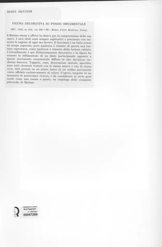 Anonimo , Matisse, Henri - sec. XX - Figura decorativa su fondo ornamentale , retro