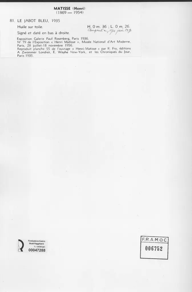 Anonimo , Matisse, Henri - sec. XX - Le jabot bleu , retro