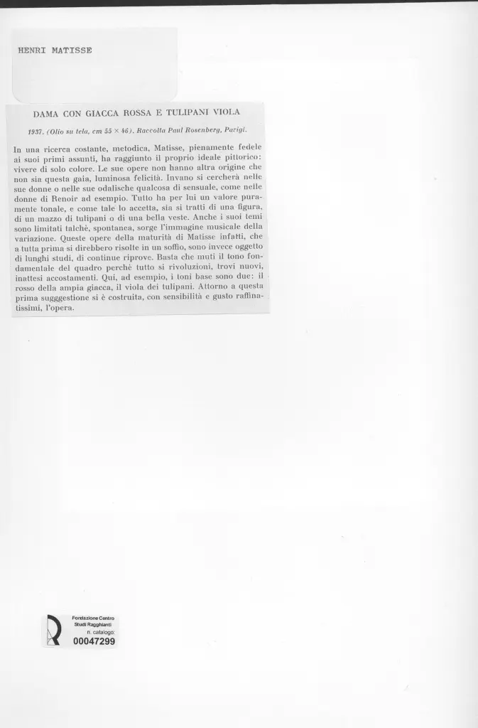 Anonimo , Matisse, Henri - sec. XX - Dama con giacca rossa e tulipani viola , retro