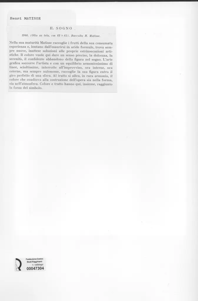 Anonimo , Matisse, Henri - sec. XX - Il sogno , retro