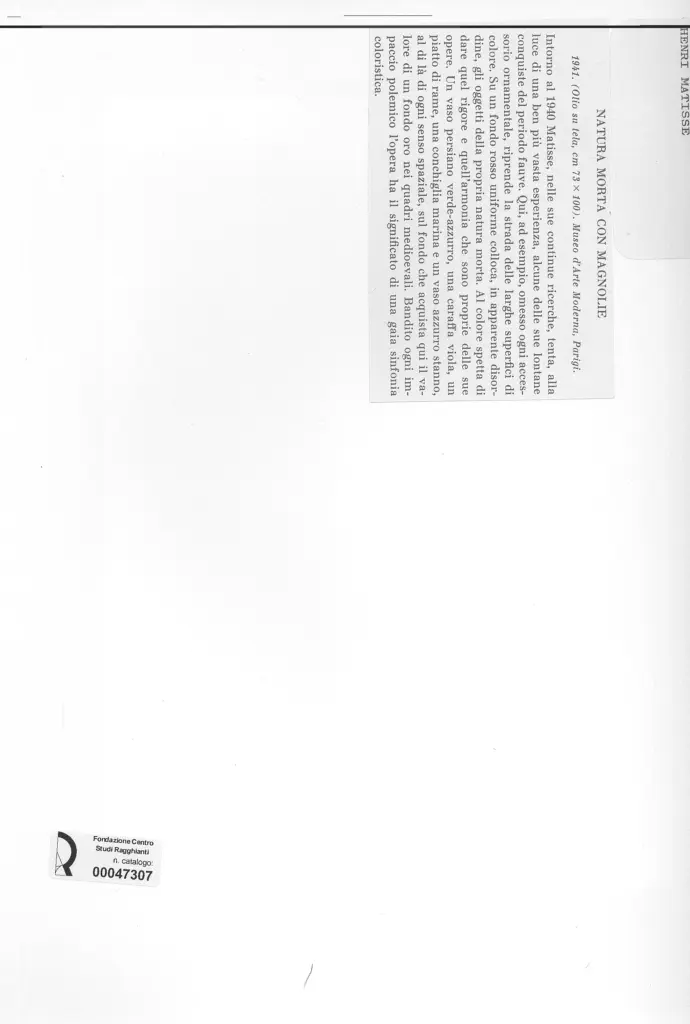 Anonimo , Matisse, Henri - sec. XX - Natura morta con magnolie , retro