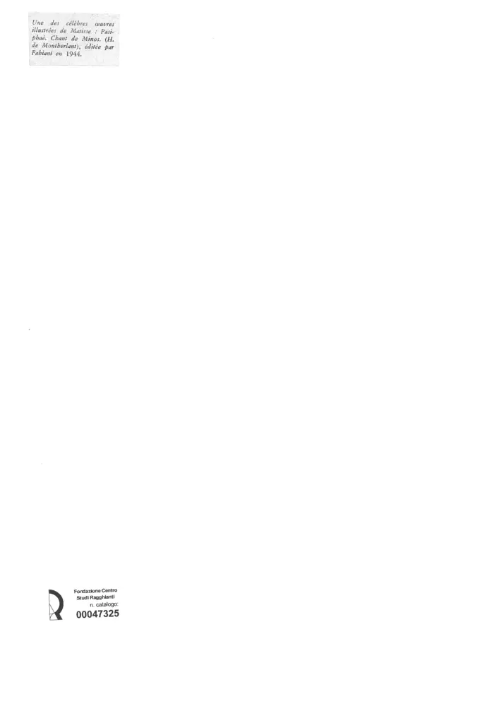 Anonimo , Matisse, Henri - sec. XX - Pasipha&eacute;. Chant de Minos , retro