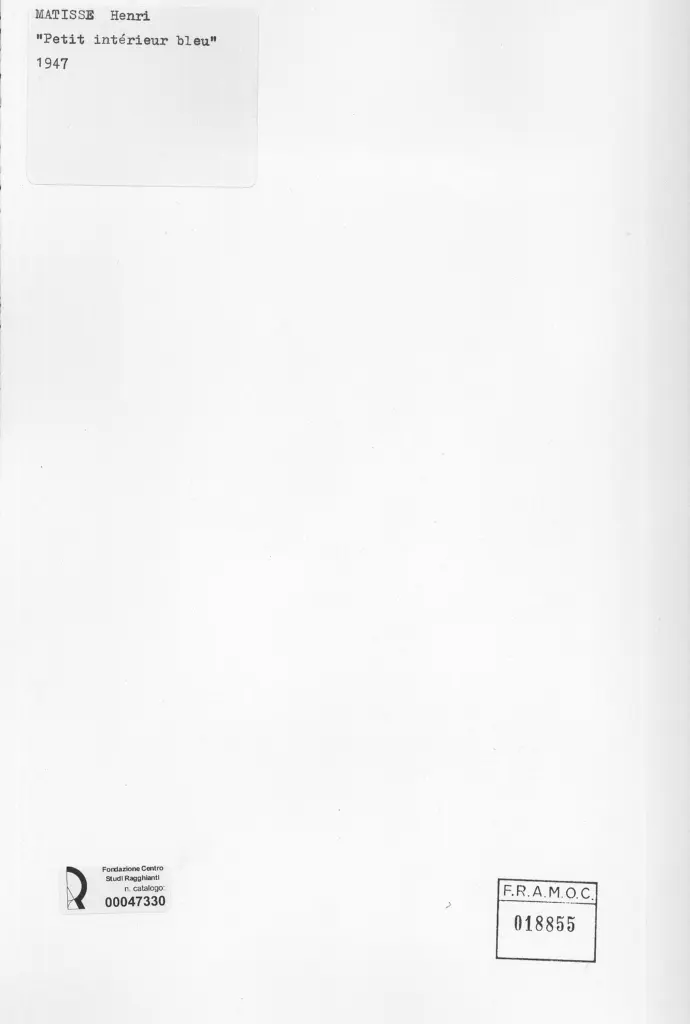Anonimo , Matisse, Henri - sec. XX - Petit int&eacute;rieur bleu , retro