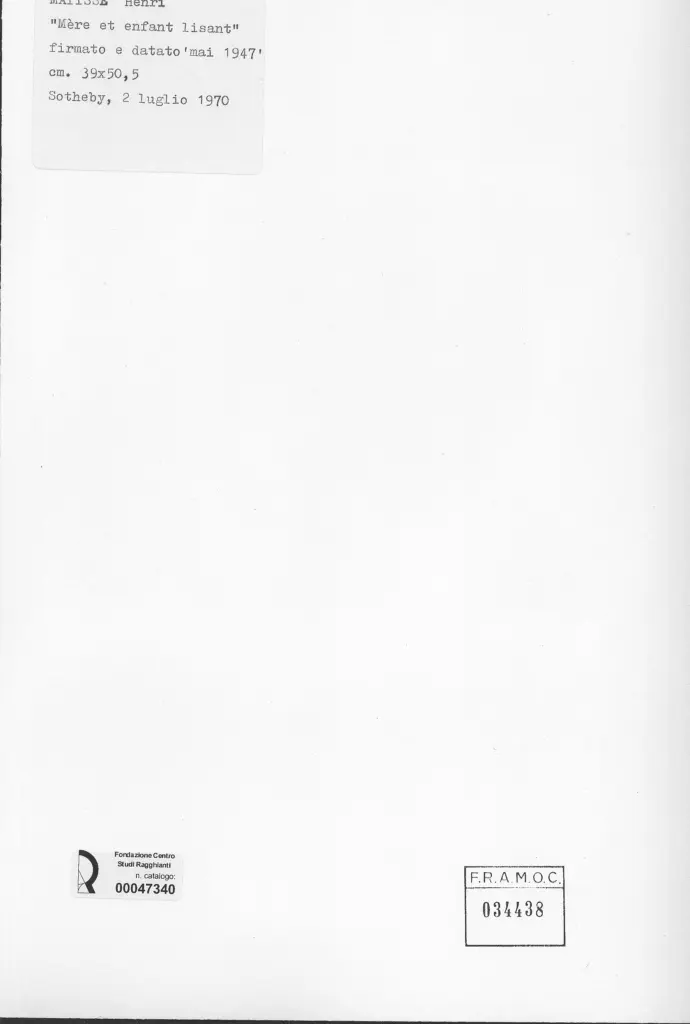 Anonimo , Matisse, Henri - sec. XX - M&egrave;re et infant Lisant , retro