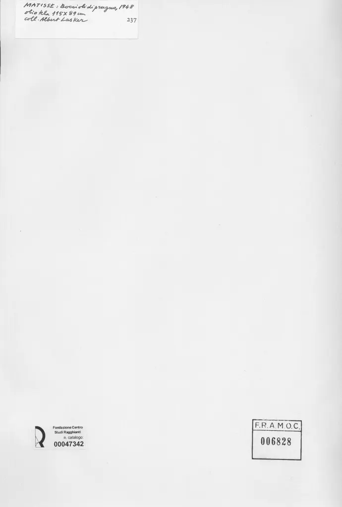 Anonimo , Matisse, Henri - sec. XX - Boccioli di prugno , retro