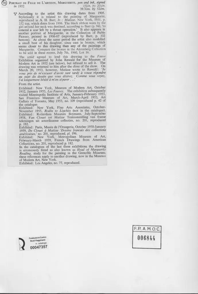 Anonimo , Matisse, Henri - sec. XX - Portrait de Fille de l'Artiste, Marguerite , retro