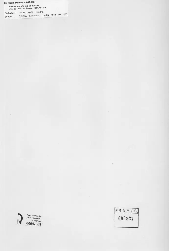 Anonimo , Matisse, Henri - sec. XIX/ XX - Femme apr&egrave;s de la fen&ecirc;tre , retro