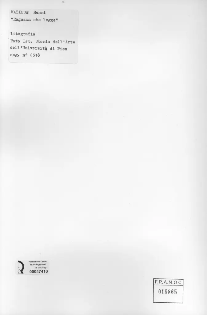 Anonimo , Matisse, Henri - sec. XX - Ragazza che legge , retro
