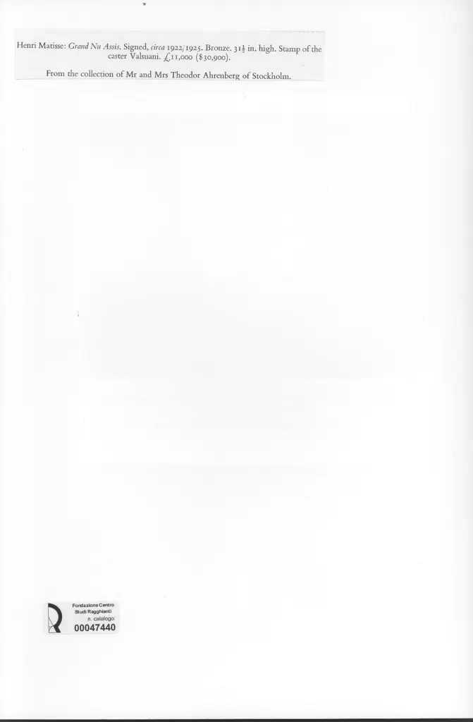 Galerie Bernheim-Jeune , Matisse, Henri - sec. XX - Grand Nu Assis , retro