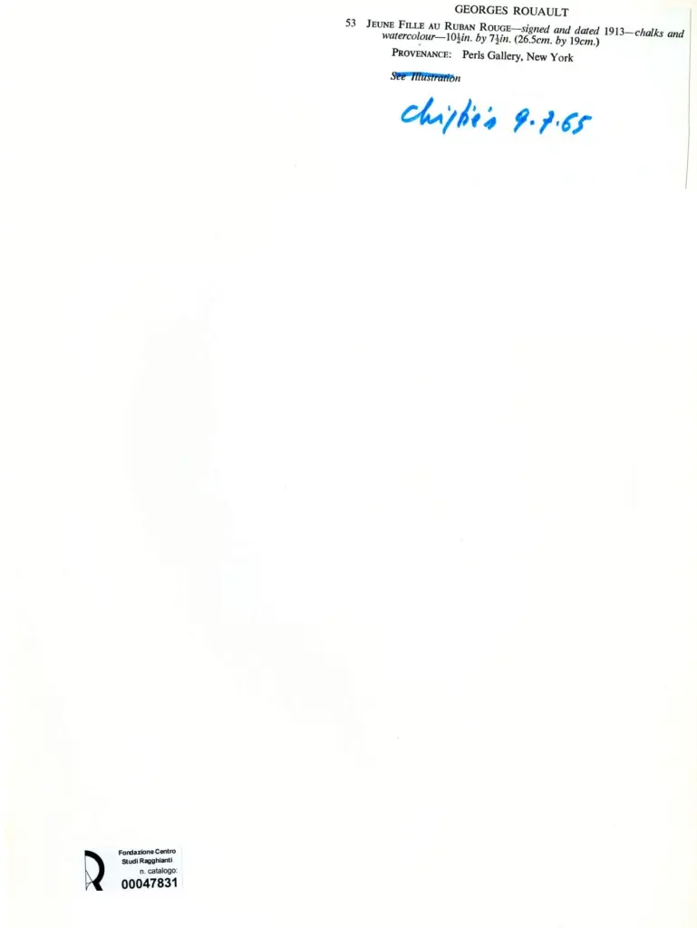 Galerie Bernheim-Jeune , Rouault, Georges - sec. XX - Giovane donna con nastro rosso , retro