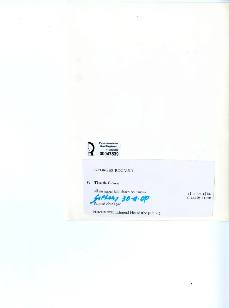Galerie Bernheim-Jeune , Rouault, Georges - sec. XX - Testa di clown , retro