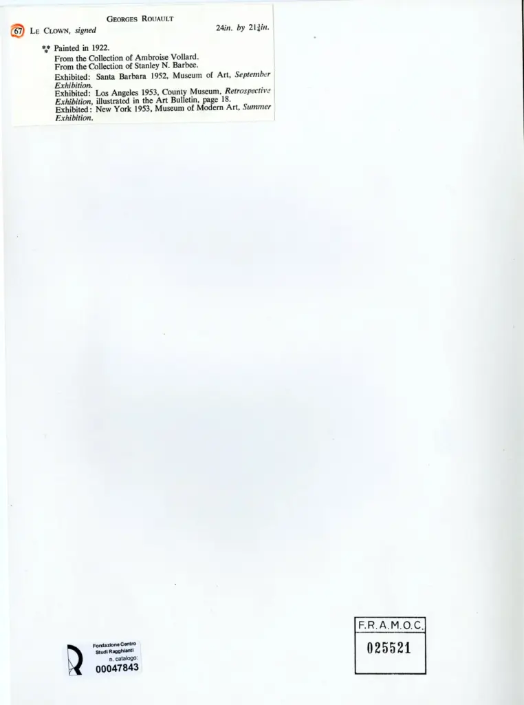 Galerie Bernheim-Jeune , Rouault, Georges - sec. XX - Il clown , retro