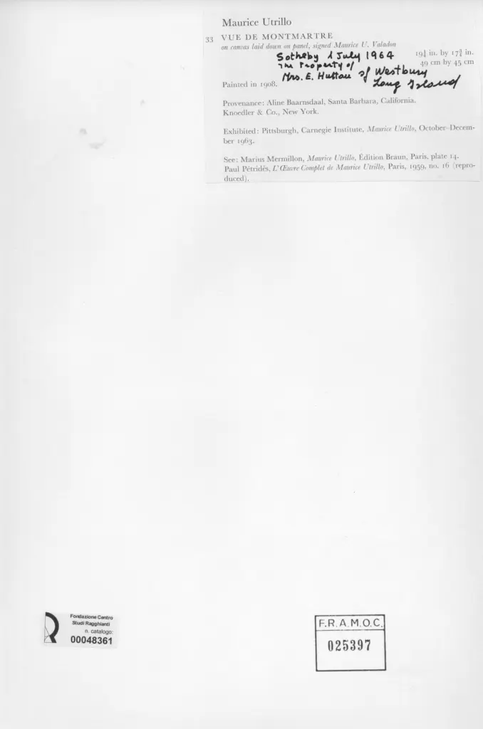 Anonimo , Utrillo, Maurice - sec. XX - Veduta da Montmartre , retro