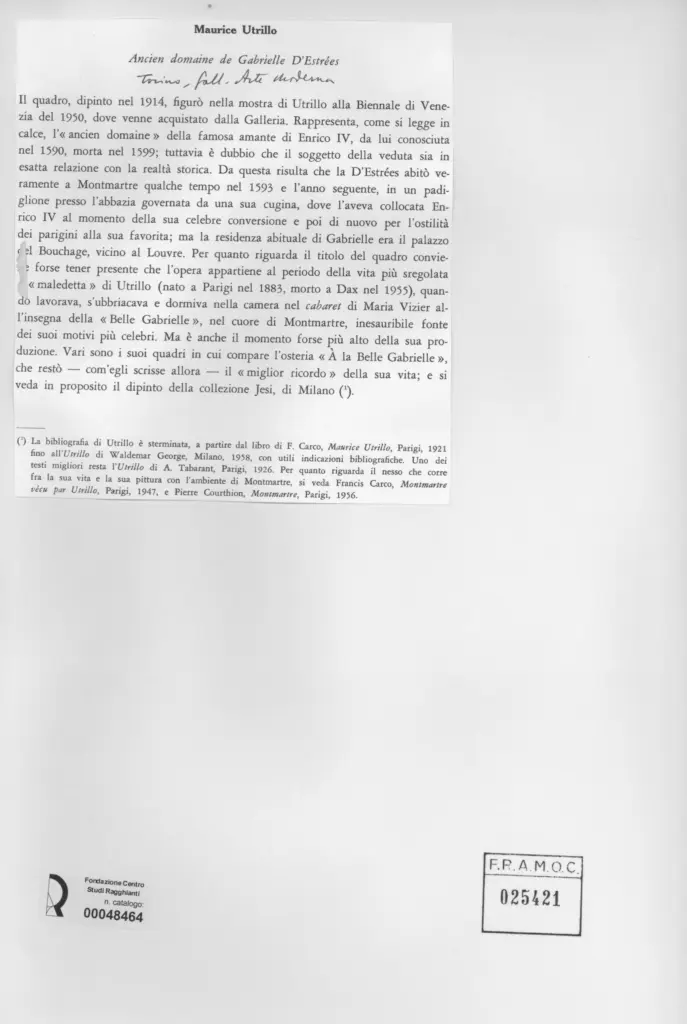 Anonimo , Utrillo, Maurice - sec. XX - Ancien domaine de Gabrielle D'Estr&egrave;es , retro