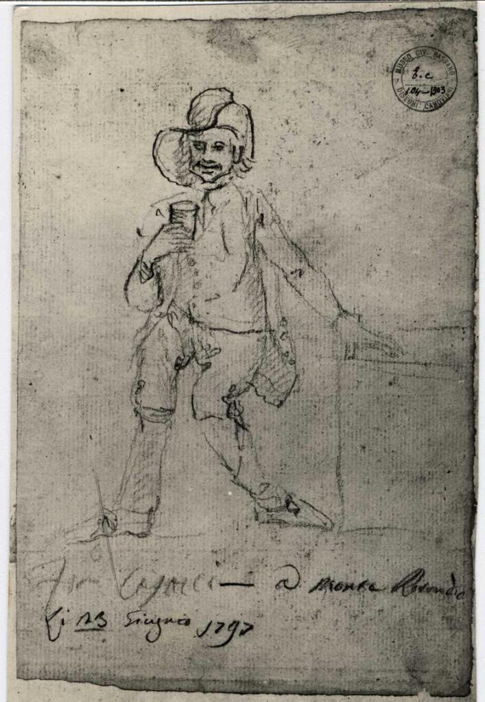 Canova, Antonio , Raffigurazione di un uomo con grande cappello metre beve