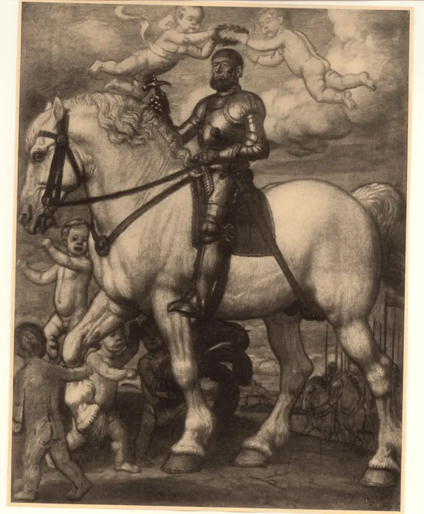 Anonimo , Boehle, Friz - sec. XX - Ritter zu pferd mit amoretten , fronte