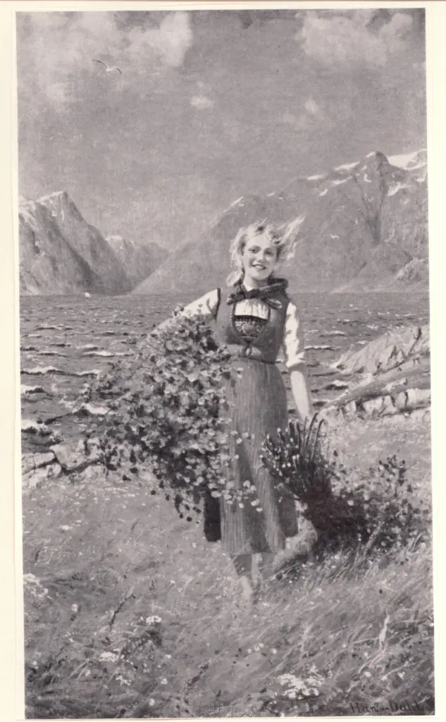 Anonimo , Dahl, Hans - sec. XIX/ XX - "In the north wind", west coast of Norway, a girl gathering leaves by a lake , fronte